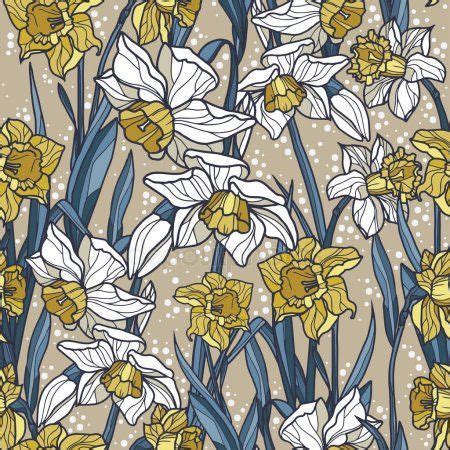Vases, bowls, paper weights were design in iridescent colorful glass. Seamless pattern with beautiful narcissus flowers in art ...
