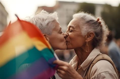 Premium Ai Image Happy Lesbian Couple Kiss And Holding Rainbow Flags On Pride Event Generative Ai