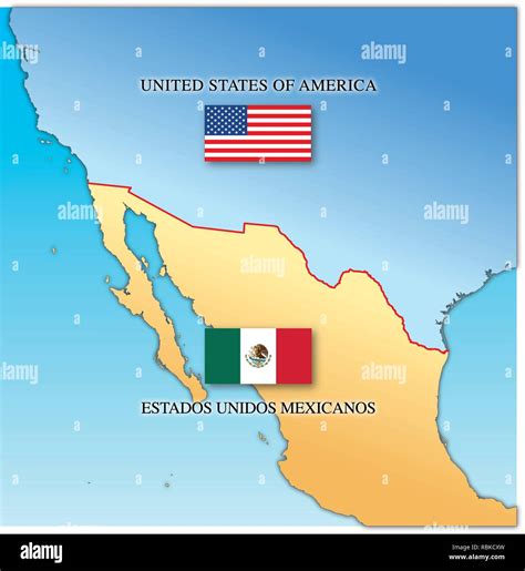 Mapa De La Frontera De Estados Unidos Y México Con Banderas Nacionales