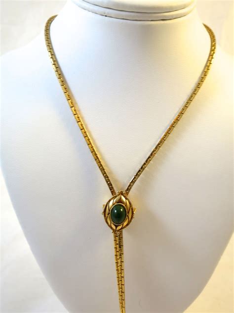 If the material is not too stiff, try knotting it with a quick knot as if you were one of the most creative ways to wear a lariat necklace is as a belt. Vintage Lariat Necklace Green Faux Jade Cabochon Slide ...