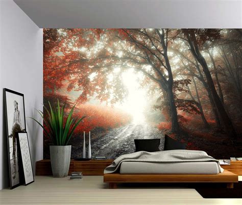 Foggy Autumn Maple Tree Forest Path Large Wall Mural Etsy 3d