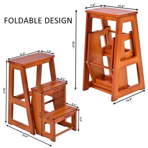 Wood Step Stool Folding 3 Tier Ladder Chair Bench Seat