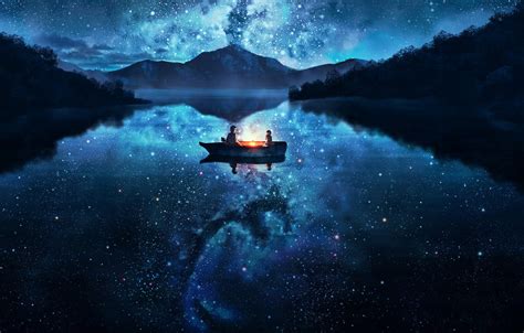 Wallpaper The Sky Water Girl Stars Trees Mountains Night Nature