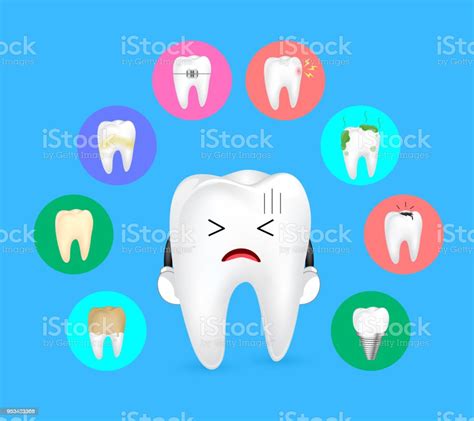 Cute Cartoon Tooth Character With Tooth Problem Set Icons Stock