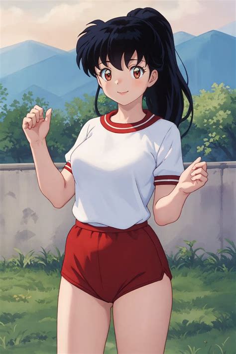 An Anime Girl With Long Black Hair And Red Shorts
