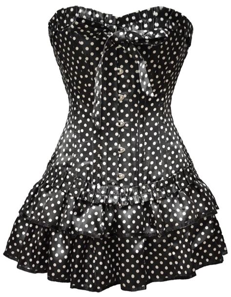 Black And White Polka Dot Corset With Pleated Trim And Matching Skirt
