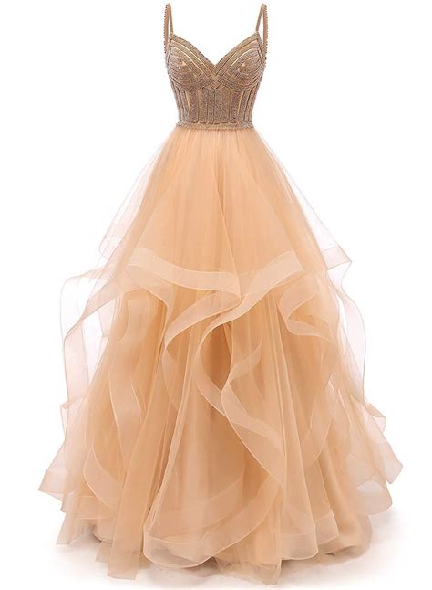 Spaghetti Strap Tulle Beaded Prom Dress Tiered Formal Evening Dresses