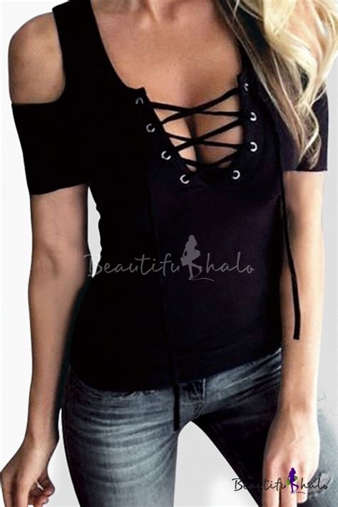 hot fashion sexy lace up hollow front scoop neck cold shoulder plain t shirt