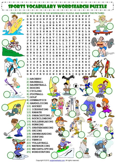 Sports Vocabulary Wordsearch Puzzle Worksheet