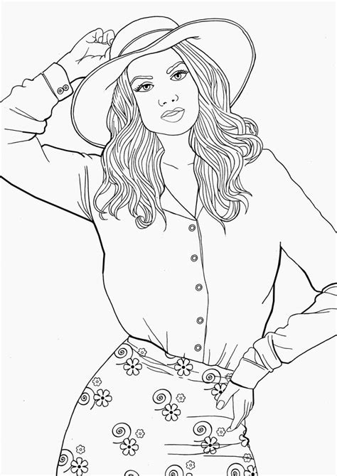 A Woman In A Hat And Dress With Her Hands On Her Head Coloring Page