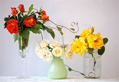 Three Assorted Colors Of Flowers In Glass Vases Hd Wallpaper