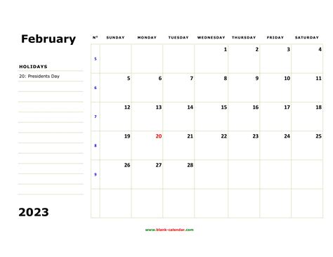 Free Download Printable February 2023 Calendar Large Box Holidays