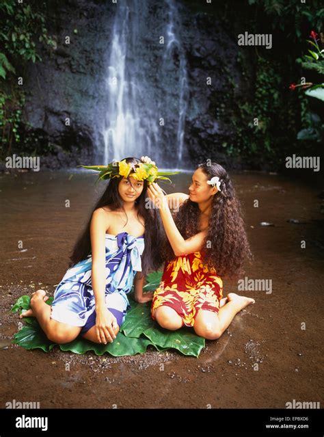 Tahitian Women Bathing By A Waterfall Tahiti Stock Photo Royalty Free