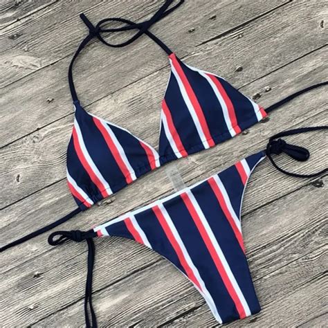 Swimwear Stripe Double Sided Tied Sexy Halter Neck Bikini Push Up