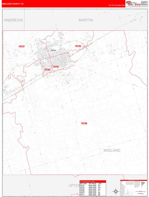 Midland County Tx Zip Code Wall Map Red Line Style By Marketmaps