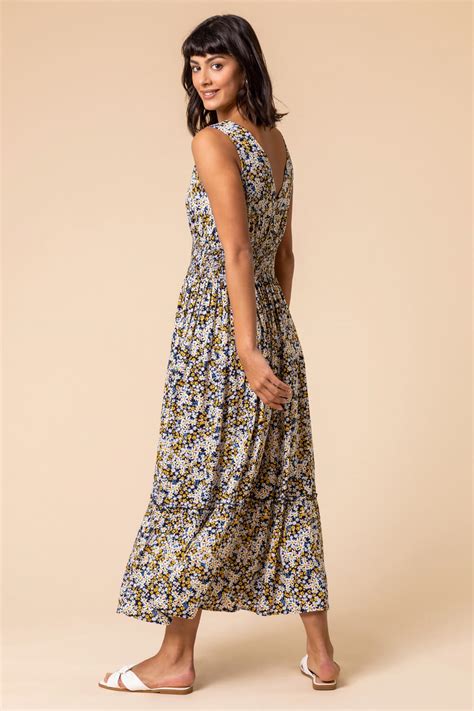 Ditsy Floral Shirred Waist Midi Dress In Multi Roman Originals Uk
