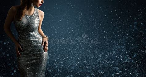 Silver Dress Fashion Model Posing In Sparkling Gown Woman Beauty