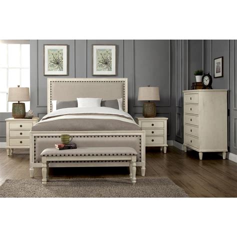 Headboard is angled to sit flush with the mattress, a smart design detail that ensures no more lost pillows. LuXeo Cambridge 5-Piece White Wash King Bedroom Set with ...