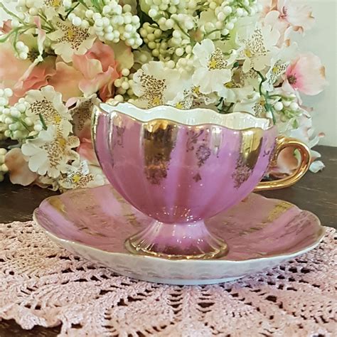 Vintage Pink Tea Cup And Saucer Hand Painted Hand Crafted Shafford Japan Pink Iridescent Gold