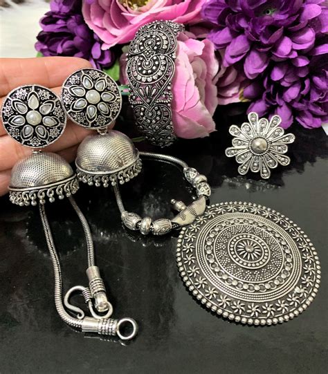 Designer German Silver Oxidized Jewellery Long Set Necklace Kada Bangle