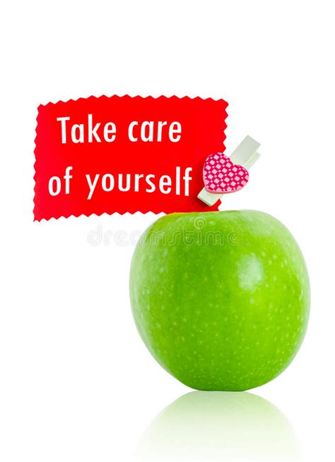 Take Care Of Yourself Card With Green Apple Stock Photo