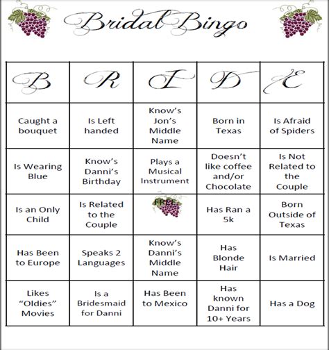 Bridal Bingo Template