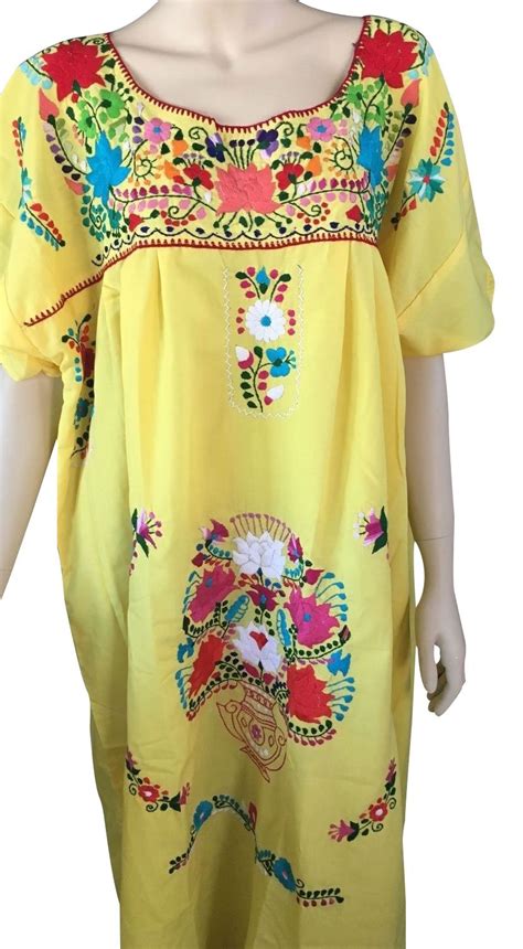 Yellow Peasant Embroidered Mexican Dress Meximart