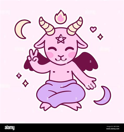Cute Cartoon Satan Drawing Kawaii Pink Devil With Pentagram Fire And