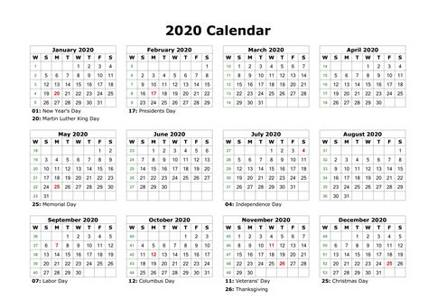 12 Month Calendar 2020 Printable With Holidays Monthly