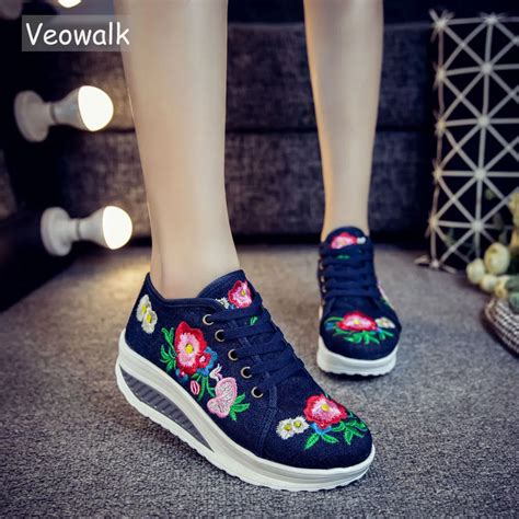 Buy Veowalk Cotton Floral Embroidery Womens Fashion Canvas Flat Platforms Lace