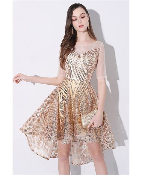 7500 Sparkly Gold Sequin High Low Short Party Dress With Sleeves