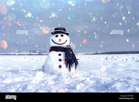 Funny Snowman In Stylish Hat And Black Scalf On Snowy Field Dof Bokeh