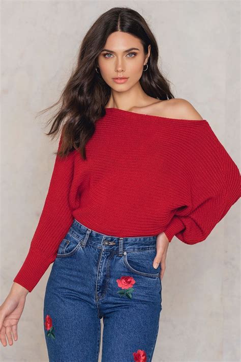 Off Shoulder Knitted Sweater Red Oversized Red Sweater Fashion