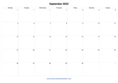 September 2022 Landscape Calendar With Large Boxes