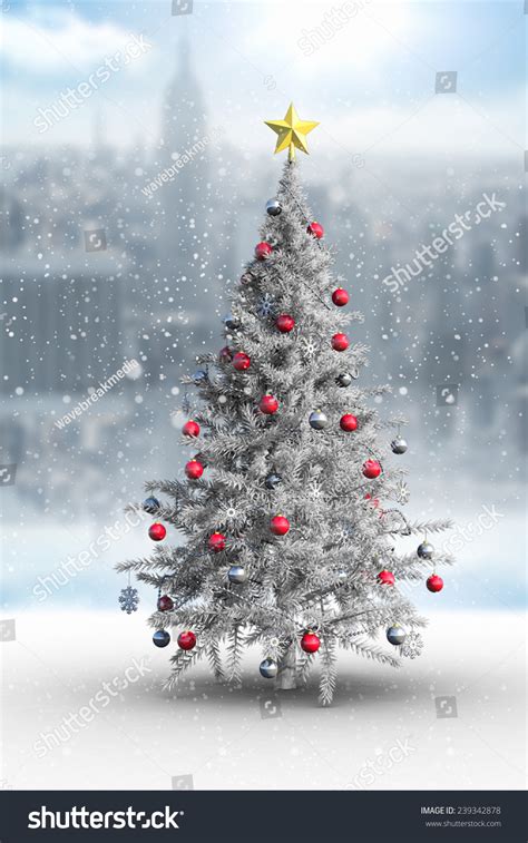 Composite Image Christmas Tree Falling Snow Stock