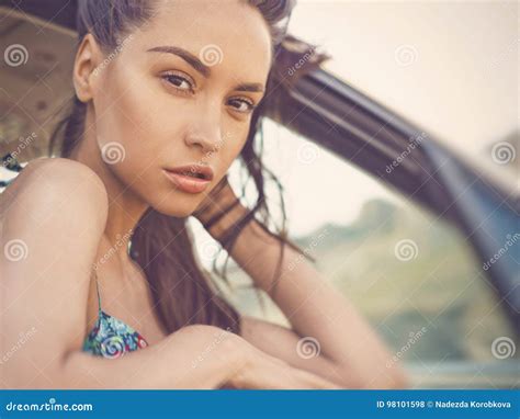 Beautiful Brunette Woman In Car Stock Photo Image Of Customer Person