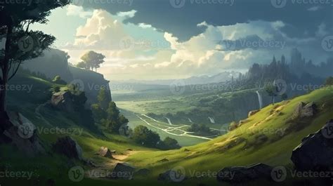 Hill Fantasy Backdrop Concept Art Realistic Illustration Background