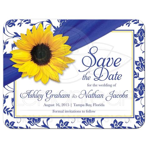 Wedding Save the Date Announcement Sunflower Royal Blue Damask