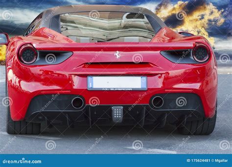 Rear View Of Luxury Model Red Sports Car Ferrari 488 Gtb The Ferrari