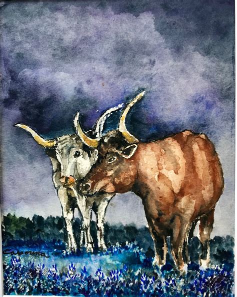 Bluebonnets And Longhorns Original Animal Painting Rain Painting