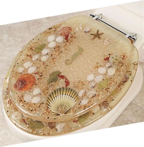 Elongated Jewel Shell Seashell And Seahorse Resin Lucite Toilet Seat