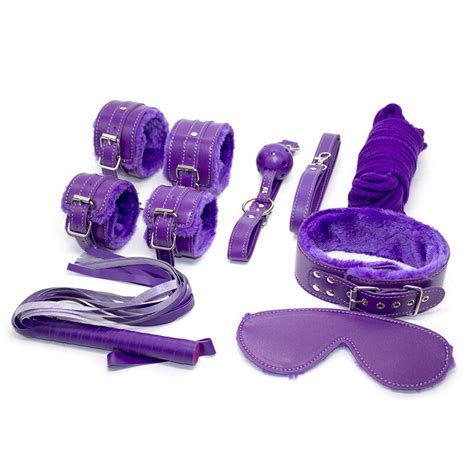 Purple Faux Fur Plush Leather Hogtie Bondage Kit Fetish Cuff Blindfold