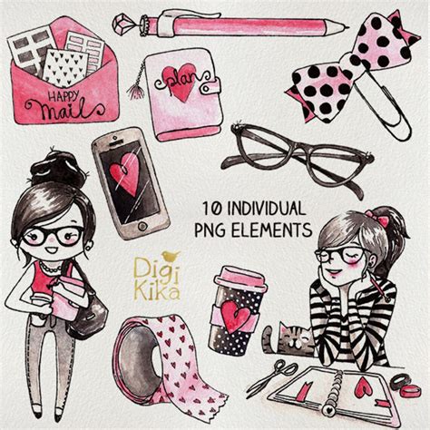 Planner Girl Clipart Hand Painted Watercolor Clip Art Etsy