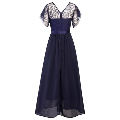 Buy Sexy Womens Lace Chiffon Patchwork V Neck Dress Bow Long Maxi Dress At Affordable Prices