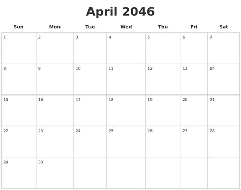 April 2046 Blank Calendar Pages