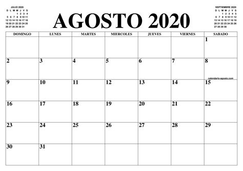Calendario Agosto 2020 Para Imprimir Calendario 2019
