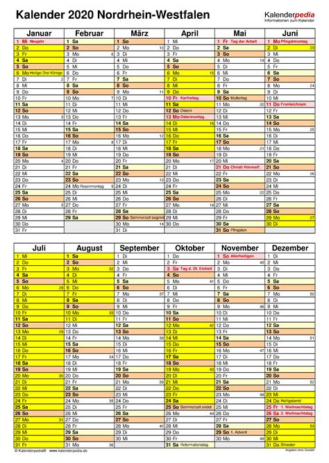 Kalender 2020 Nrw Ferien Feiertage Excel Vorlagen
