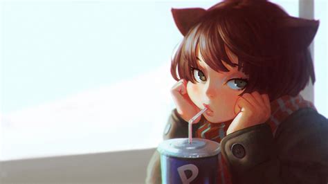 Desktop Wallpaper Cute Anime Girl Drinking Coffee Hd Image Picture