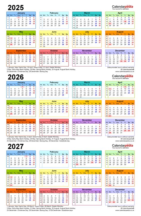 Three Year Calendars For 2025 2026 And 2027 Uk For Excel