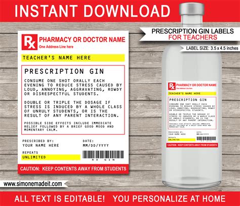 Gin Prescription Labels for Teachers Template | Last Minute Funny Gag Gift